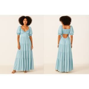 Farm Rio Puff Sleeve Maxi Dress Backless Cut Out Blue Prairie Large